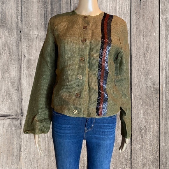 Vtg Y2K Chantik Jacket Embellished Handmade Button Front Boho Burlap Jute - Picture 1 of 6